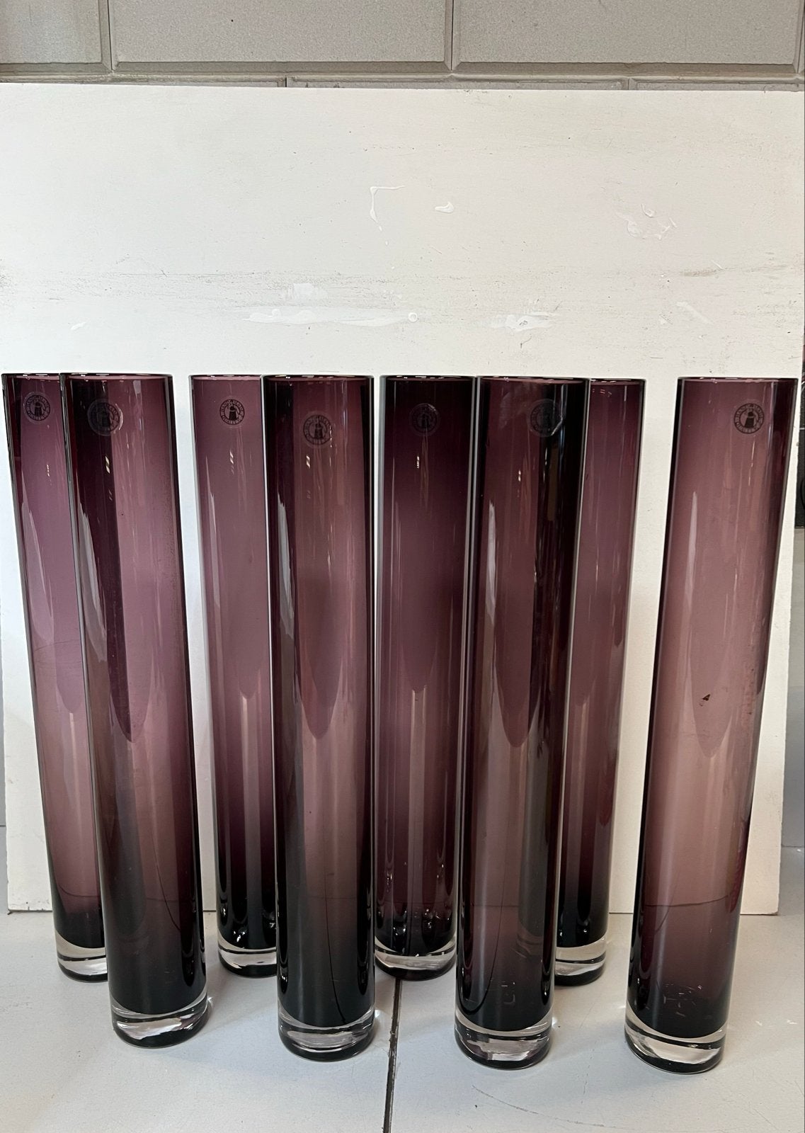 8x Paarse glazen vazen / windlichten - 40 cm hoog, Paars, Ophalen of Verzenden, Kandelaar, Glas
