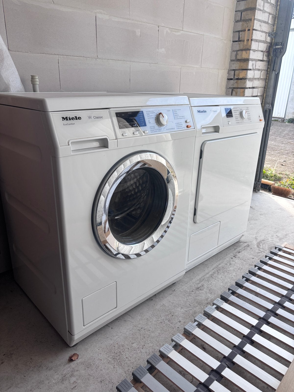 Miele W Classic Ecocomfort wasmachine en T Classic droger, 6 tot 8 kg, Ophalen, Zo goed als nieuw, 85 tot 90 cm