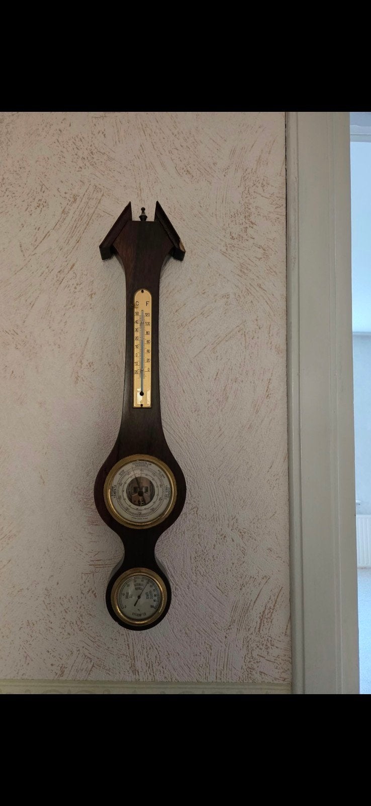 Vintage Houten Weerstation met Barometer en Thermometer, Audio, Tv en Foto, Ophalen, Gebruikt, Weerstation