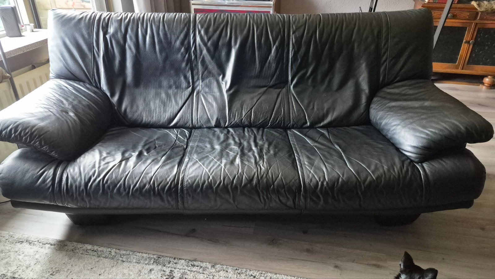 Zwarte leren bankstel 2 EN 3 zits, Huis en Inrichting, Ophalen, Gebruikt, Klassiek, Comfortabel, Overige maten