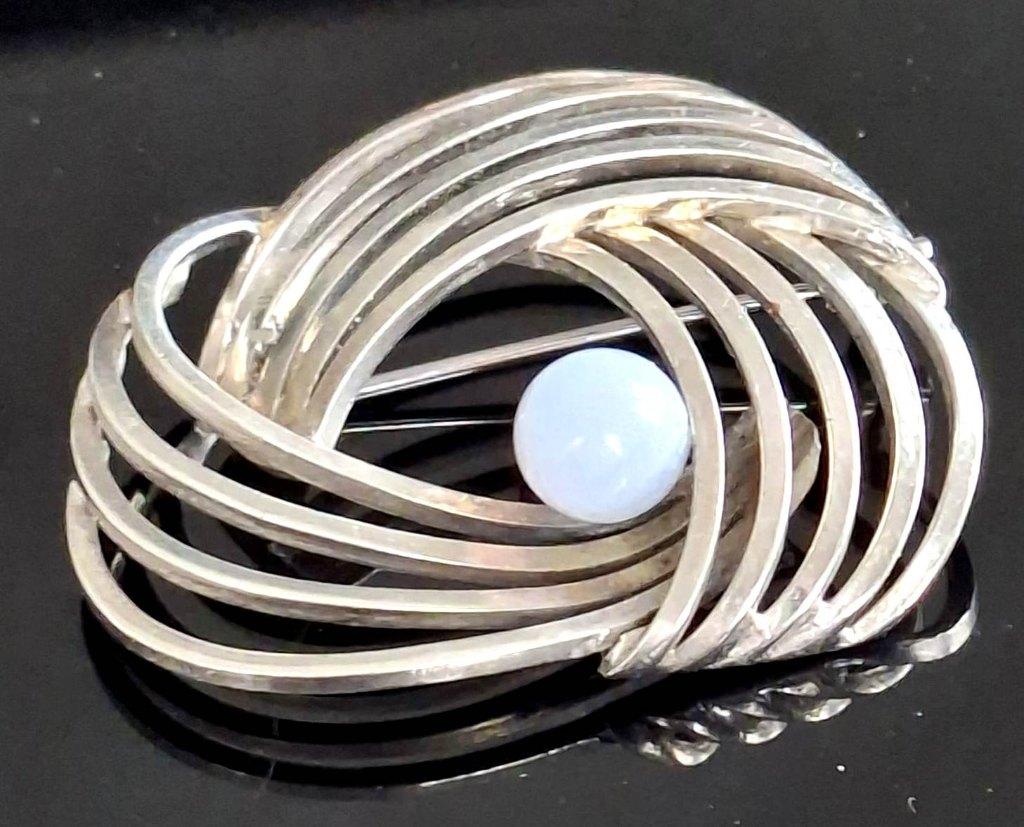 Prachtige Zilver Blauwe Agaat Wolmerk Broche, Sieraden, Tassen en Uiterlijk, Antieke sieraden, Ophalen of Verzenden, Zilver, Broche