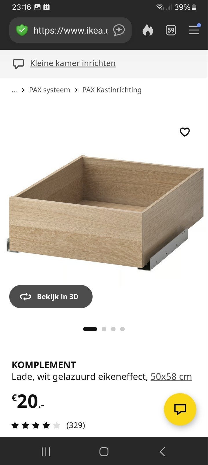 Komplement houten lade voor PAX kast 50 cm breed met rails, Ophalen, Zo goed als nieuw