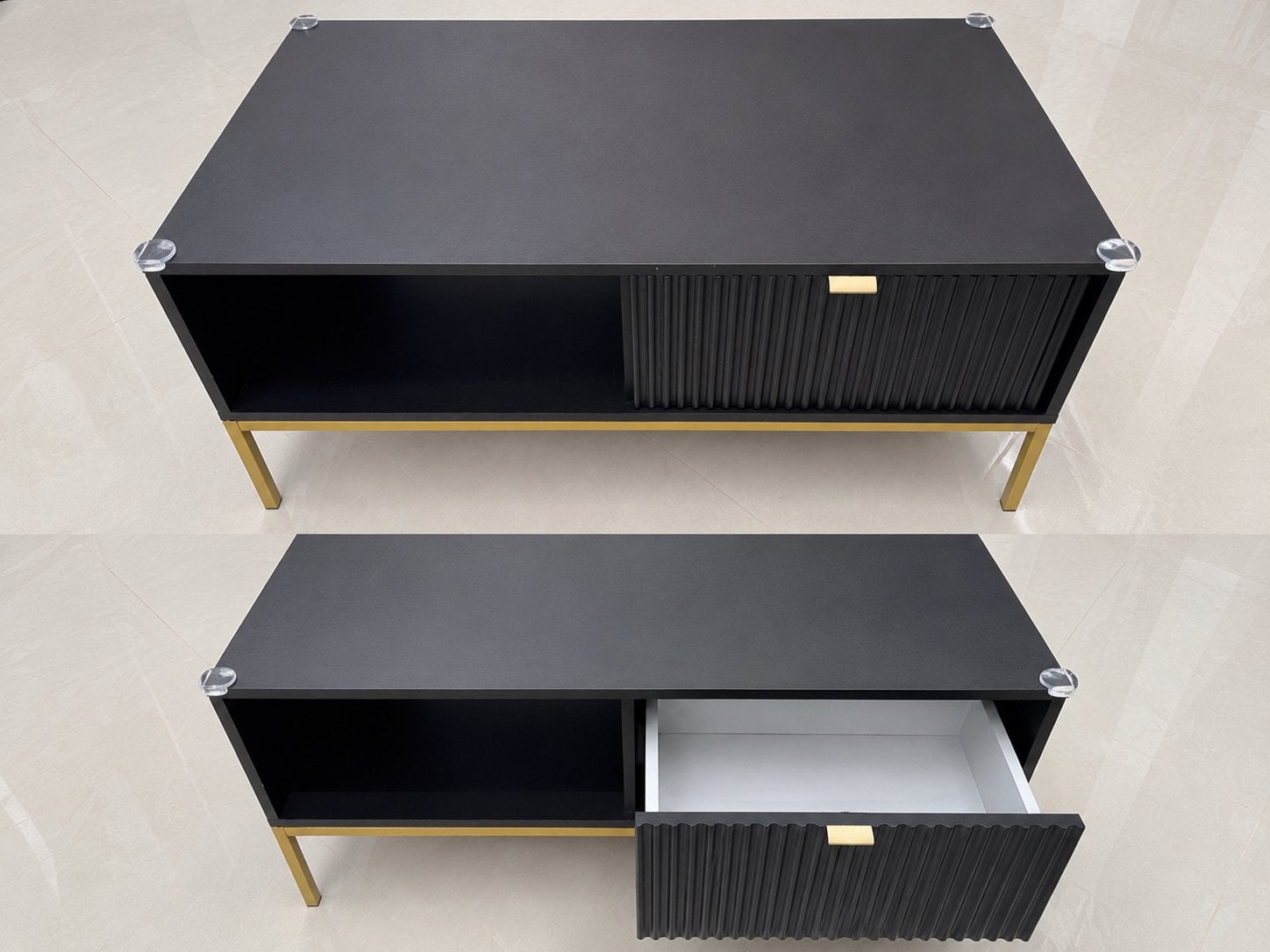 Moderne Zwarte Salontafel met Gouden Poten en Lade, 100 tot 150 cm, Zo goed als nieuw, Metaal, Minder dan 50 cm
