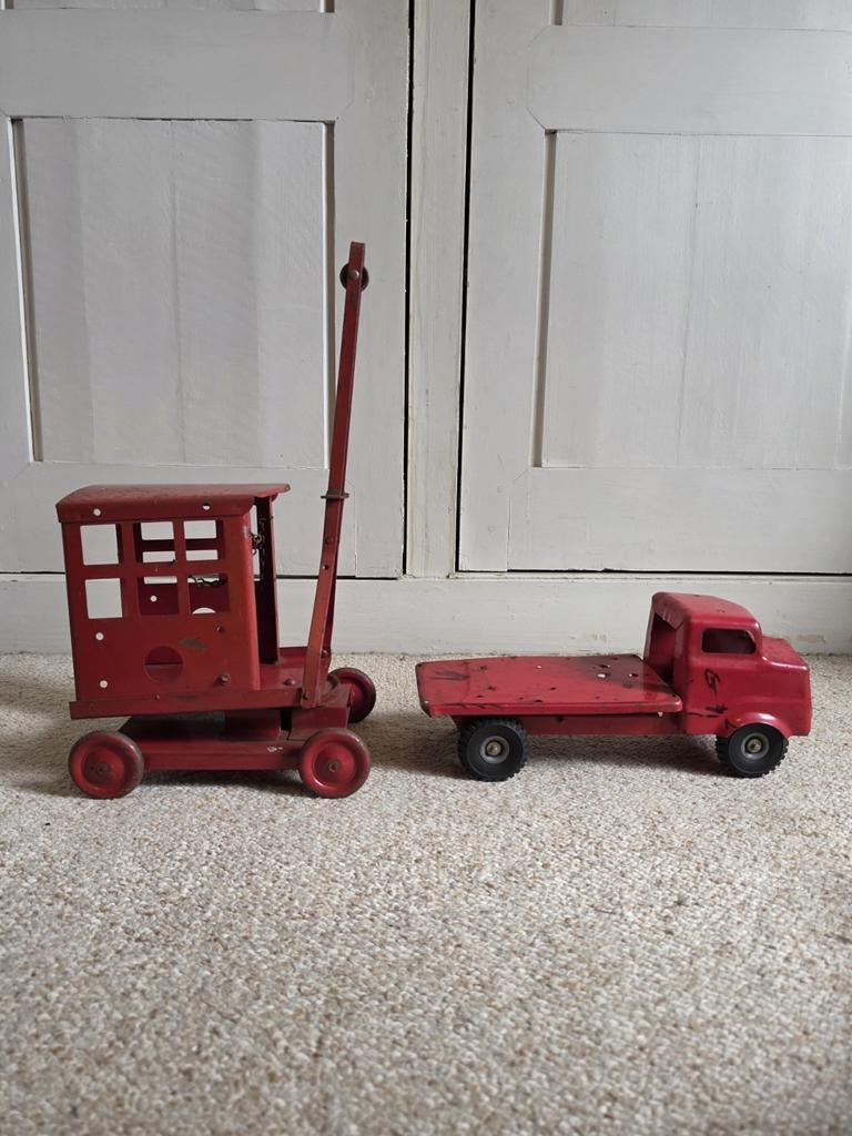 2x Triang oud blikken speelgoed hijskraan vrachtwagen, Antiek en Kunst, Ophalen of Verzenden