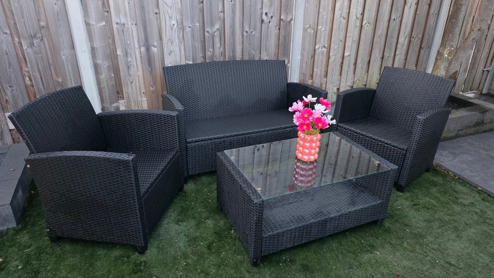 Wicker loungeset met tafel (excl. kussens), Tuin en Terras, Tuinsets en Loungesets, Ophalen, 4 zitplaatsen, Gebruikt, Bank