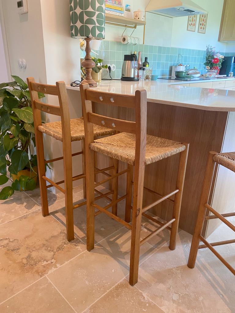 3x houten barkrukken vintage, 3 krukken, Ophalen, Gebruikt, 60 tot 90 cm