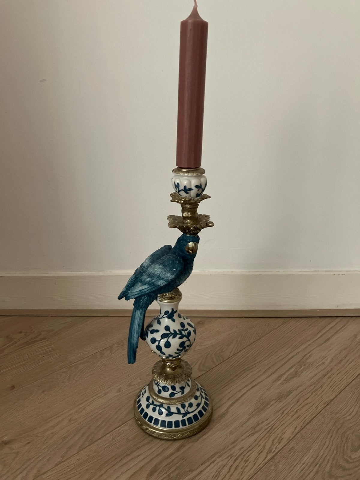 Kandelaar met papegaai - Blauw/Wit/Goud, Ophalen, Overige materialen, Gebruikt, Blauw