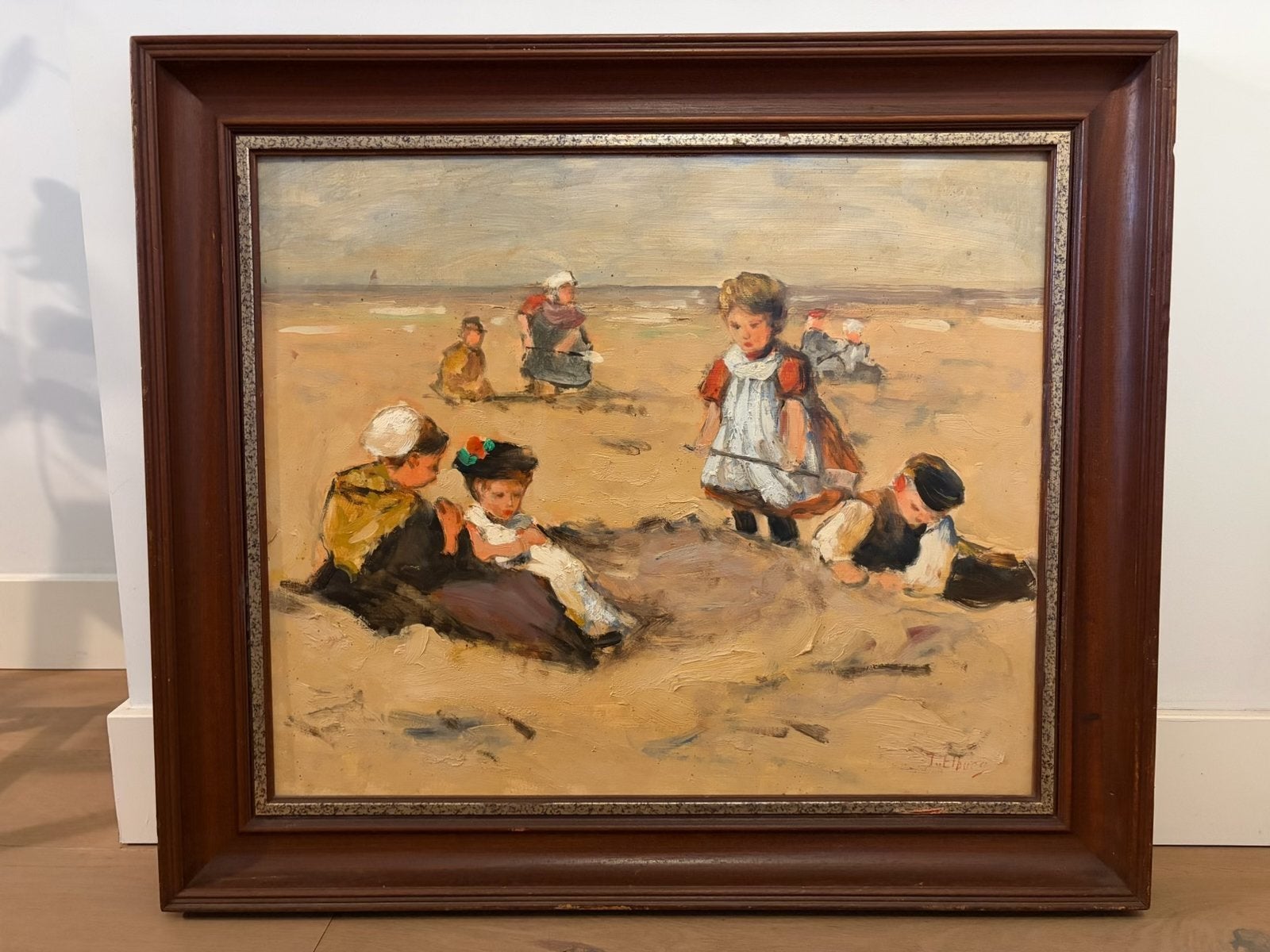 J v Elburg - Spelende kinderen op het strand (Olieverf), Ophalen
