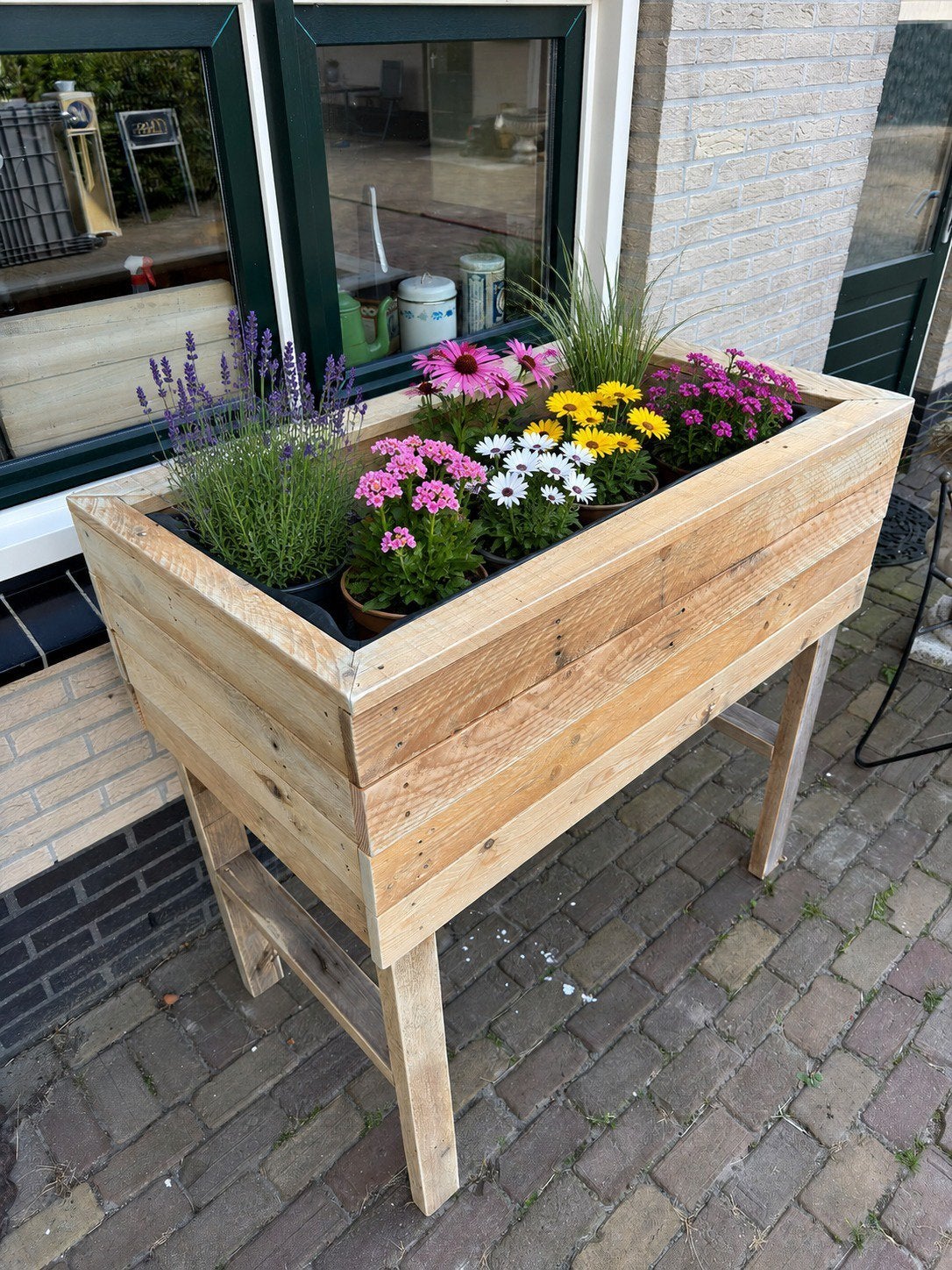 Houten plantenbak op poten - 114,5 cm lang (zonder bloemen), Ophalen, Gebruikt, 100 cm of meer, Balkon