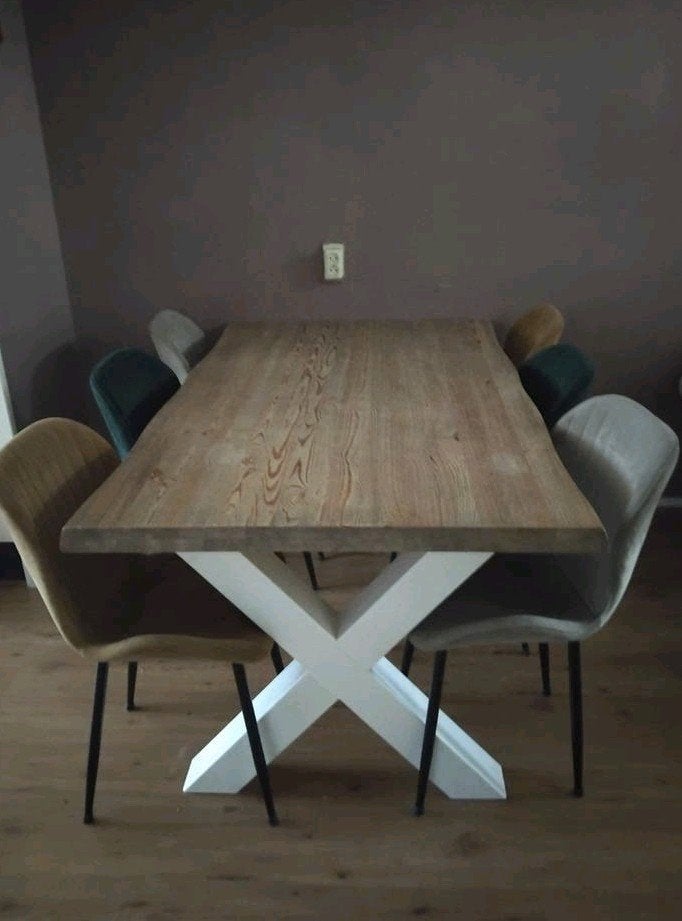 Robuuste eettafel met X-poten - massief hout, Huis en Inrichting, Tafels | Eettafels, Gebruikt, Industrieel, Modern, 50 tot 100 cm