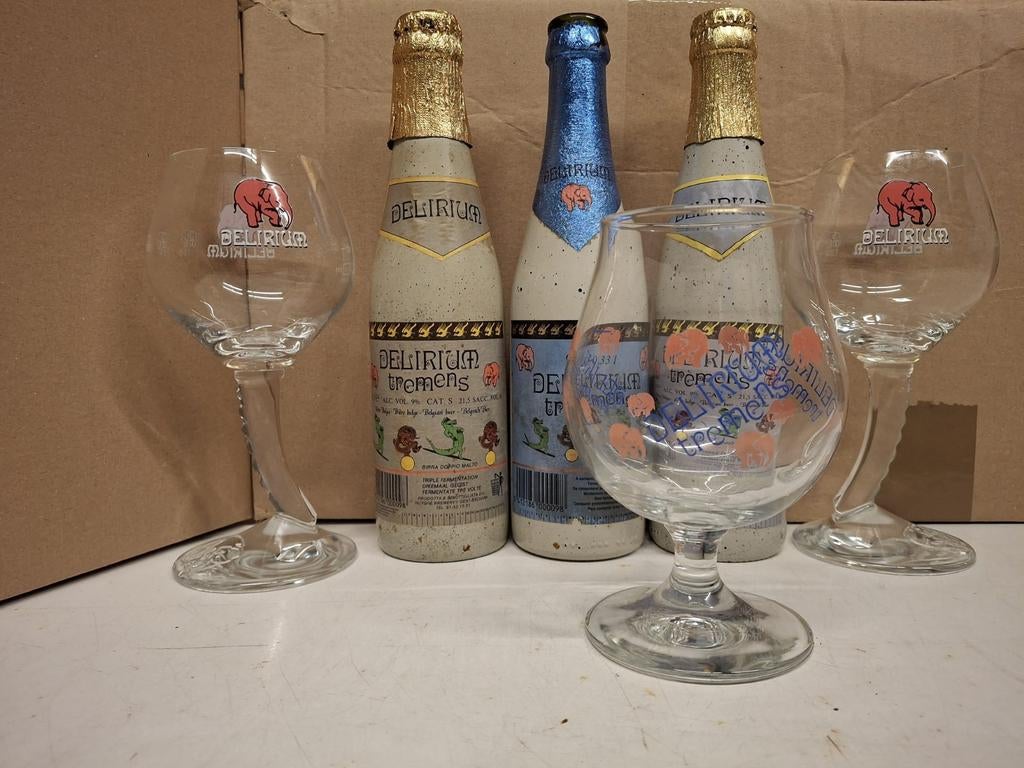Delirium vintage bierset ( flesjes uit 1993+glazen), Ophalen of Verzenden, Zo goed als nieuw, Flesje(s), Overige merken