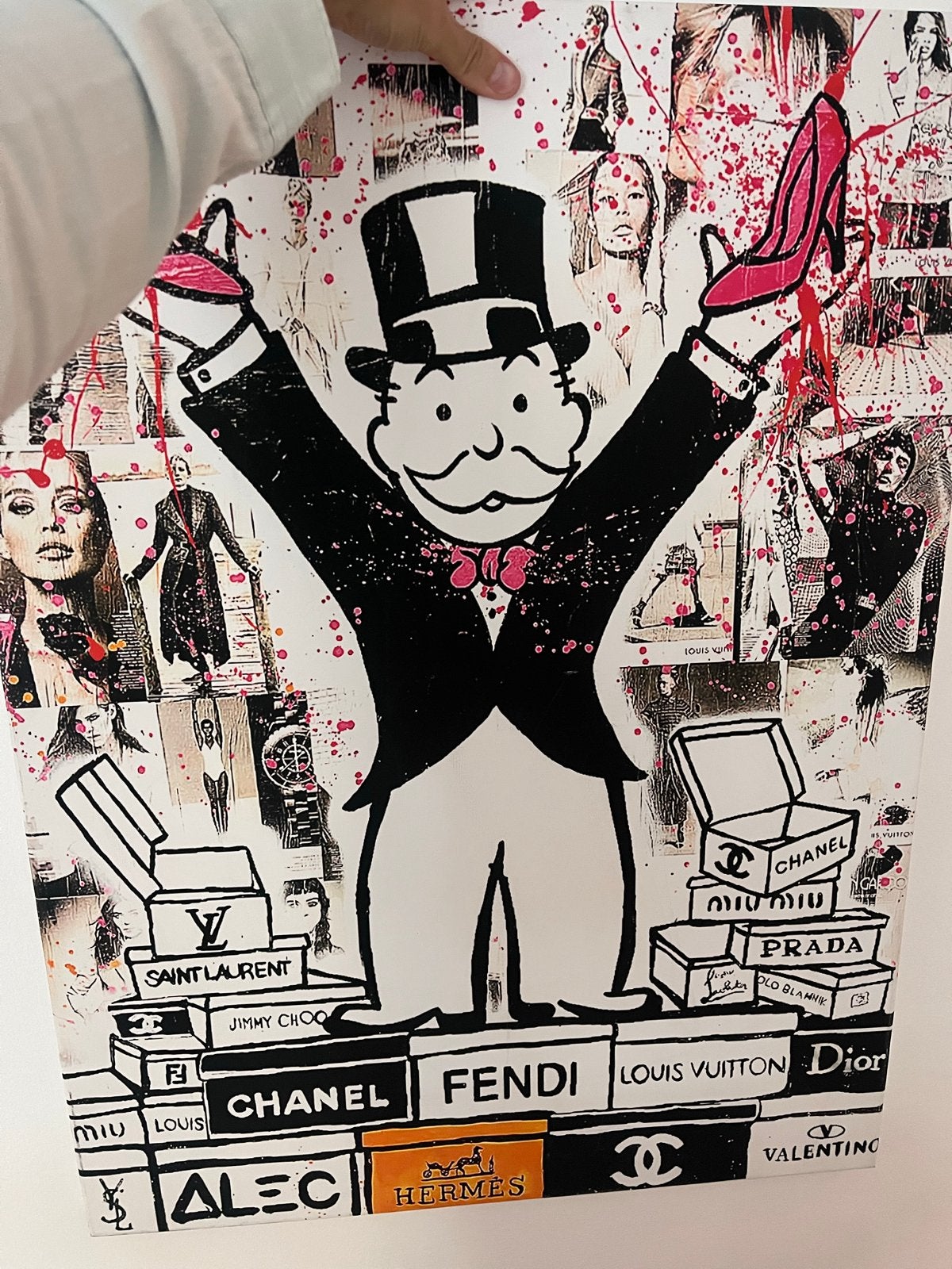 Monopoly Man Pop Art Schilderij met luxe merken, Antiek en Kunst, Acrylverf, Handgeschilderd, Ophalen of Verzenden, Stripfiguren/cartoons