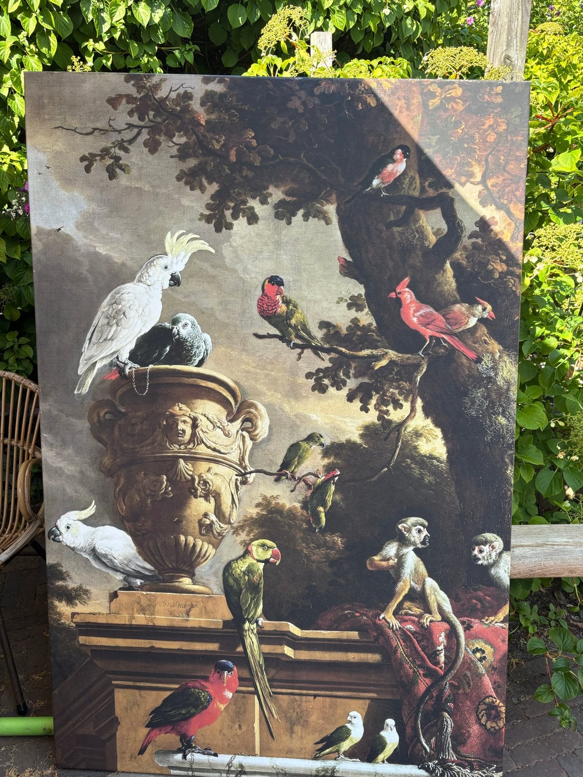 De menagerie: Exotische vogels en apen in een weelderig land, Ophalen, Doek, Dieren, Olieverf