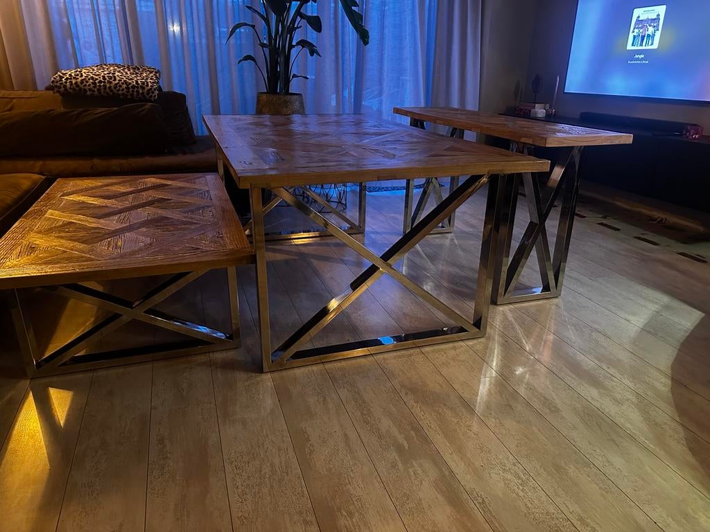 Set van 3 houten tafels met metalen onderstel, Ophalen, 100 tot 150 cm, 50 tot 100 cm, Zo goed als nieuw