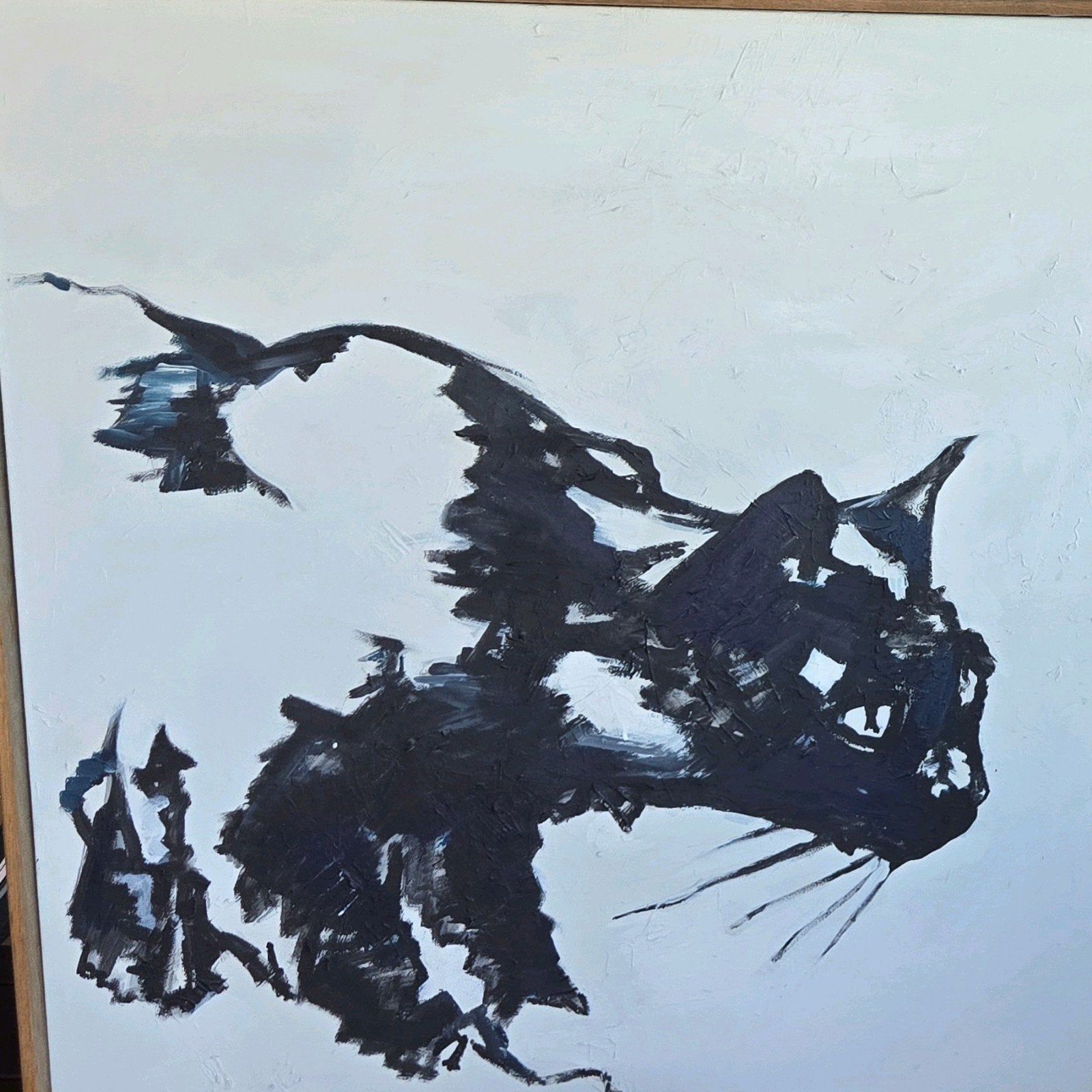 Schilderij jagende zwarte kat., Ophalen of Verzenden, Schilderij, 75 cm of meer