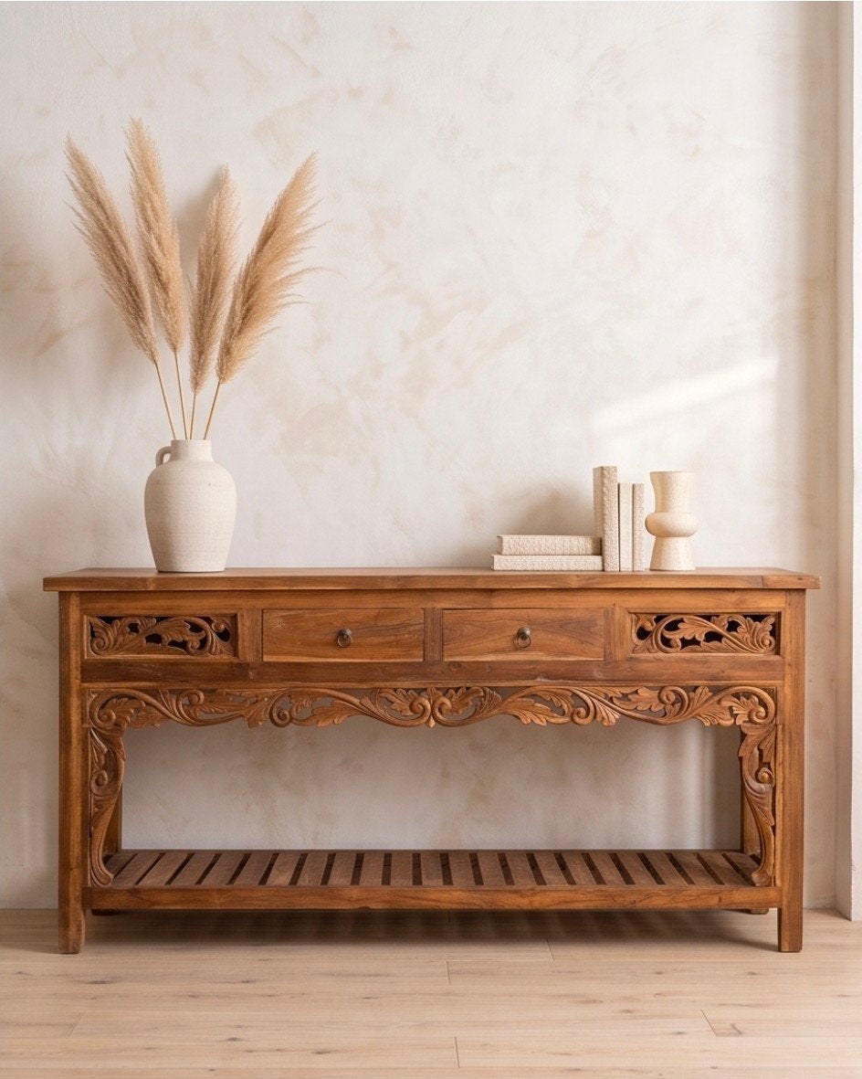 Handgesneden hardhouten Balinese sidetafel van Mooi Bali, Huis en Inrichting, Ophalen, Nieuw, 75 cm of meer, Balinees, Exotisch, Handgesneden
