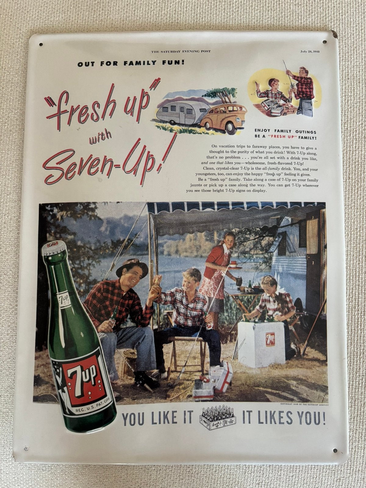 vintage 7UP reclamebord – 1948 – Saturday Evening Post, Verzamelen, Ophalen of Verzenden, Gebruikt, Reclamebord