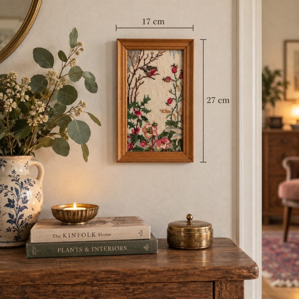 Vintage geborduurd wandtafereel – bloemen & vogel, Ophalen of Verzenden