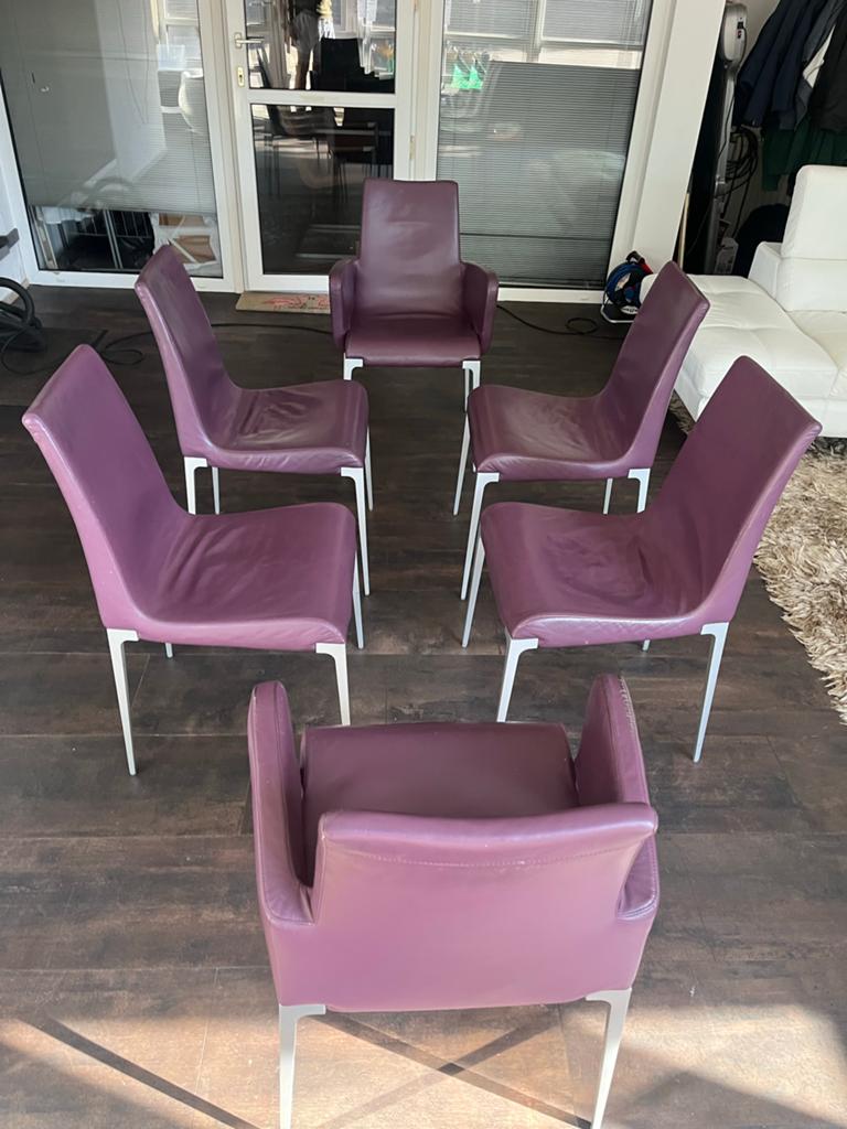 Paarse leren eetkamerstoelen, Huis en Inrichting, Stoelen, Ophalen, Gebruikt, Overige kleuren, Leer