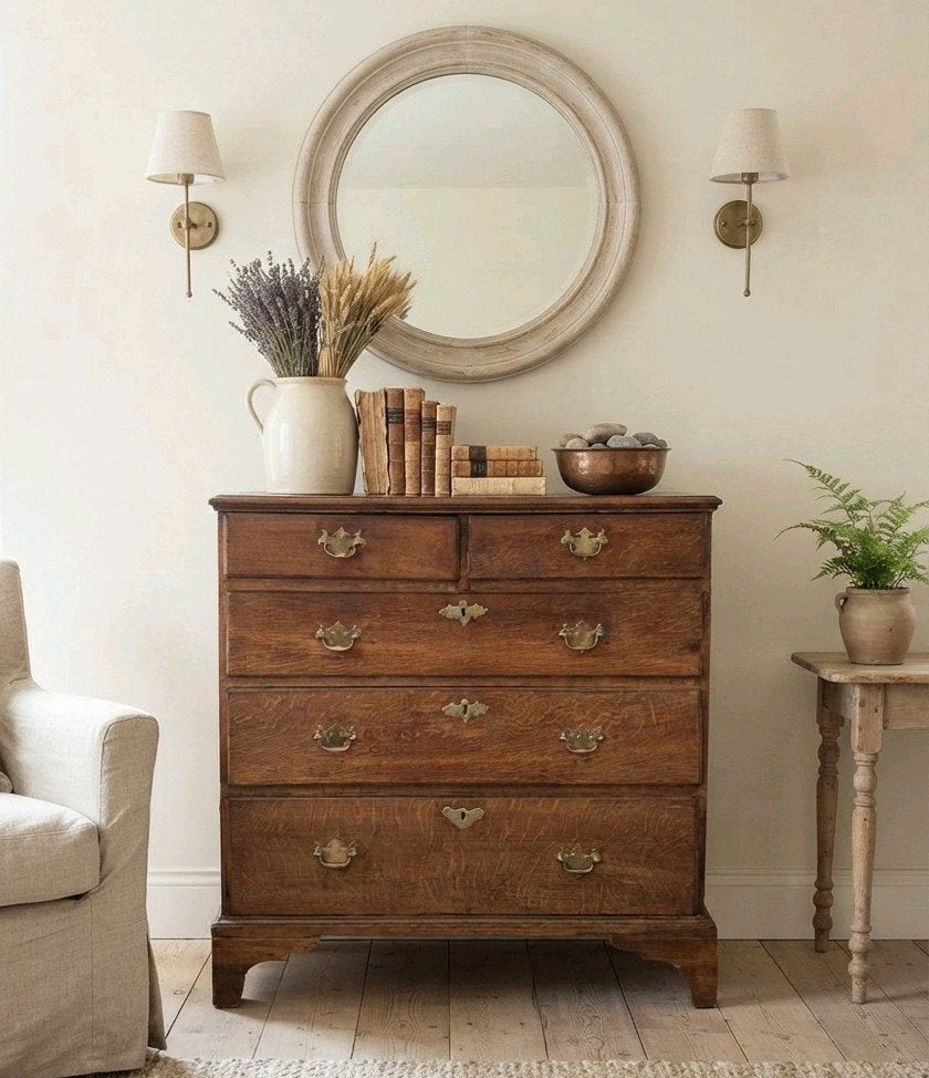 Antieke Engelse Ladekast commode Eiken, 5 laden, Ophalen of Verzenden