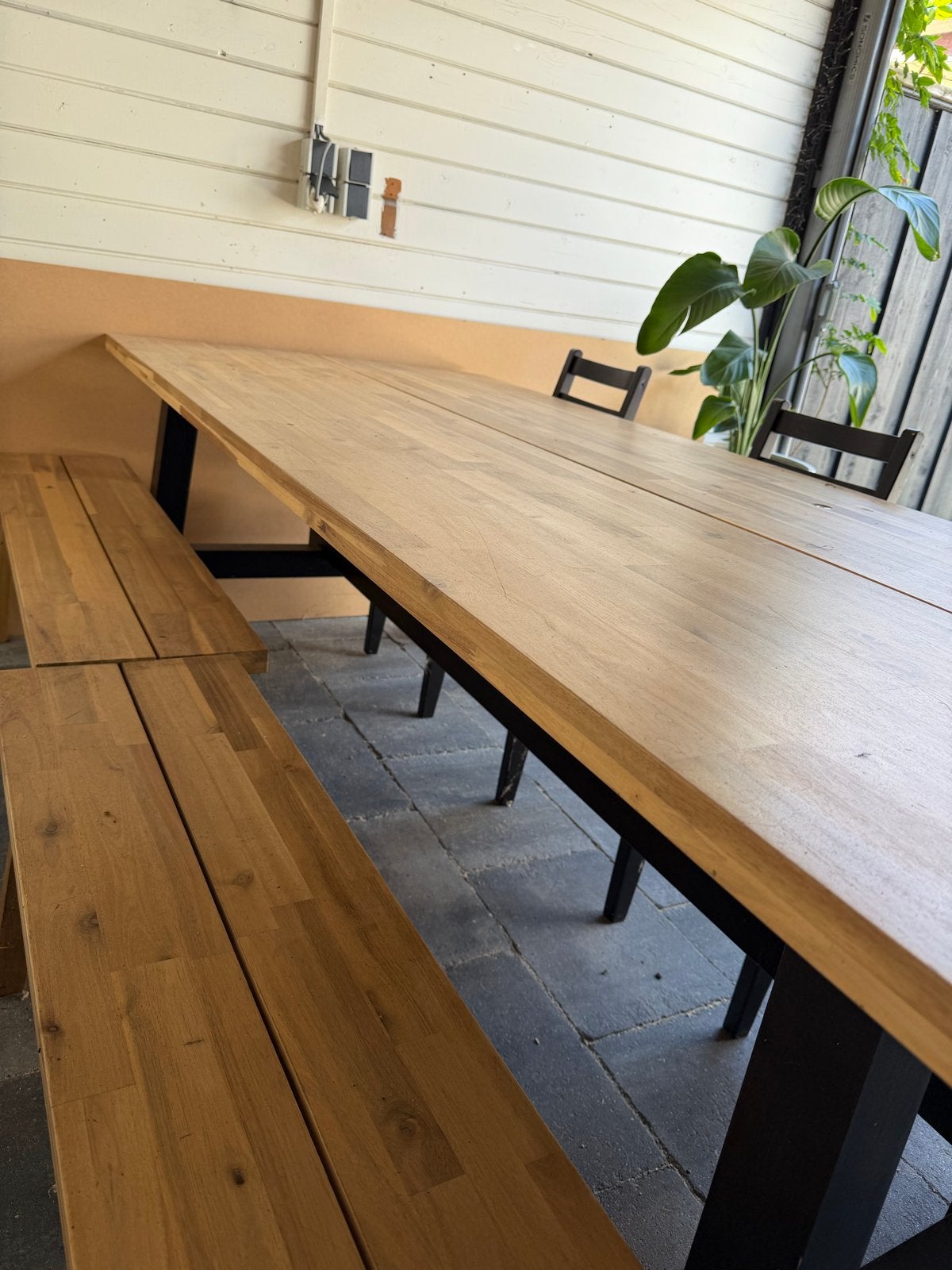 IKEA SKOGSTA eettafel - massief acaciahout, Ophalen, Gebruikt, 100 tot 150 cm, 200 cm of meer