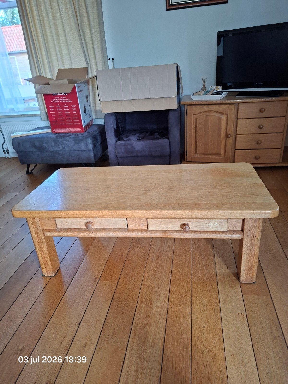 Houten salontafel met lades, Huis en Inrichting, Tafels | Salontafels, Ophalen, Gebruikt, 100 tot 150 cm, Eikenhout