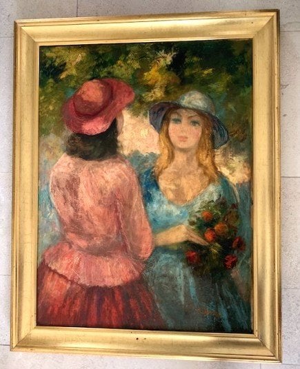 2 jonge vrouwen met bos rozen - ca.1950 - ges. E Thomas, Ophalen