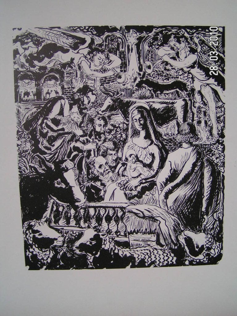 Hubert Bekman prachtige houtgravure ets Maria en dieren, 25 cm, Religie, Gesigneerd, Ophalen of Verzenden