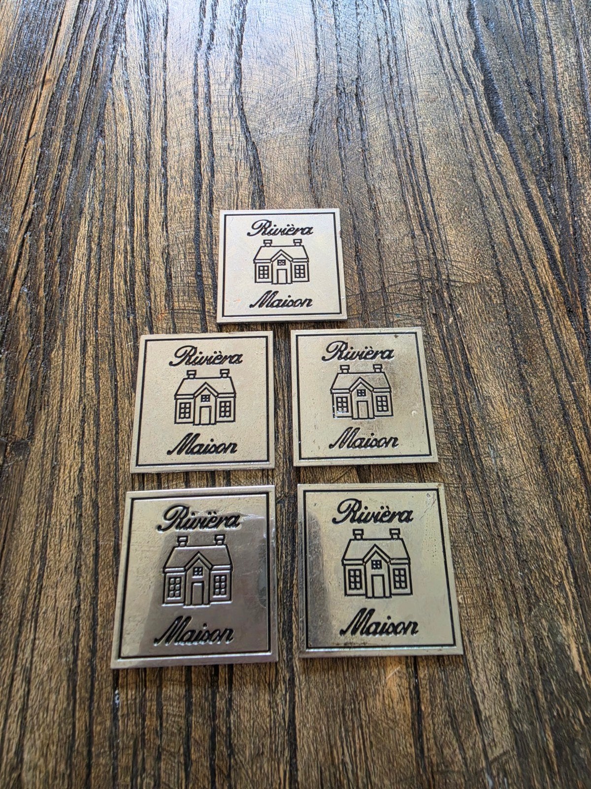 5 Riviera Maison labels metaal 3,5 x 3,5 cm, Gebruikt, Ophalen of Verzenden, Landelijk, Metaal