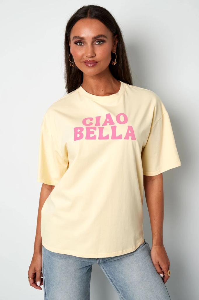Basic T-shirt 'Ciao Bella' - Rood/Roze of Butteryellow/Roze, Nieuw, Ophalen of Verzenden, Korte mouw, Maat 36 (S)