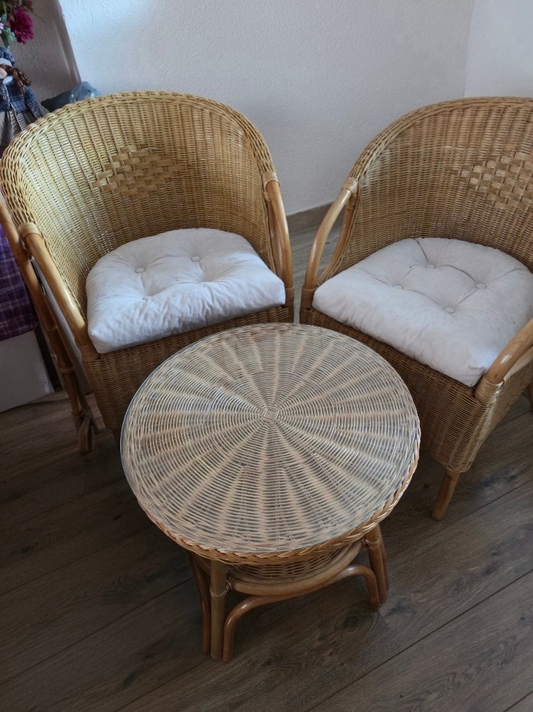 Leuke rotan stoelen met kussens + bijzettafel, glazen blad, Ophalen, Twee, Bohemian, Klassiek, Bruin
