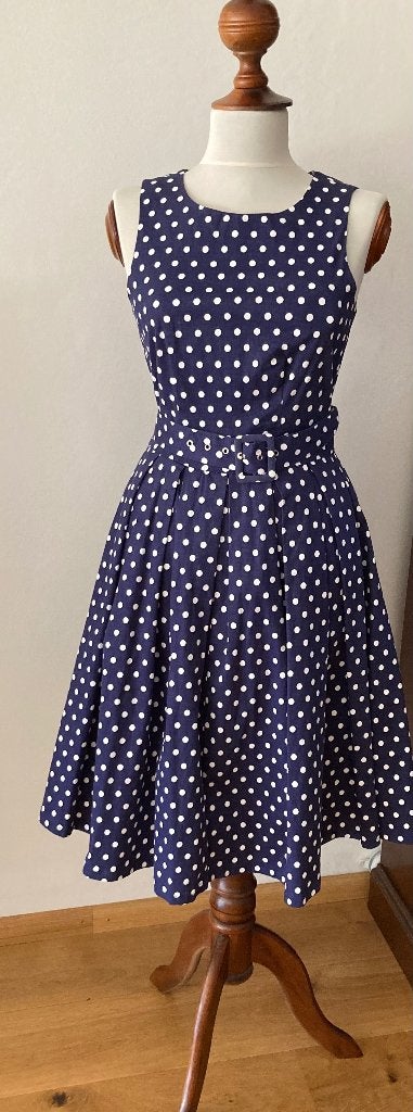 Polkadot jurk blauw (en verkrijgbaar in het groen), Kleding | Dames, Blauw, Ophalen of Verzenden, Zo goed als nieuw, Knielengte