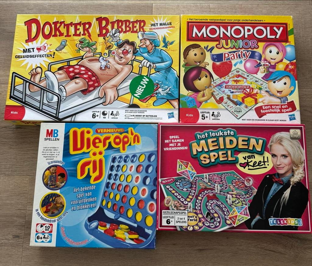 4 leuke spellen: Keet,Dr Bibber, Monopoly junior, 4 op rij, Een of twee spelers, Ophalen of Verzenden, Gebruikt