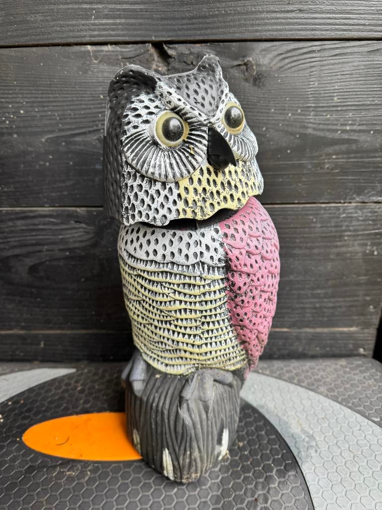 Uil vogelverschrikker met bewegende kop!, Ophalen of Verzenden, Gebruikt, Kunststof, Dierenbeeld