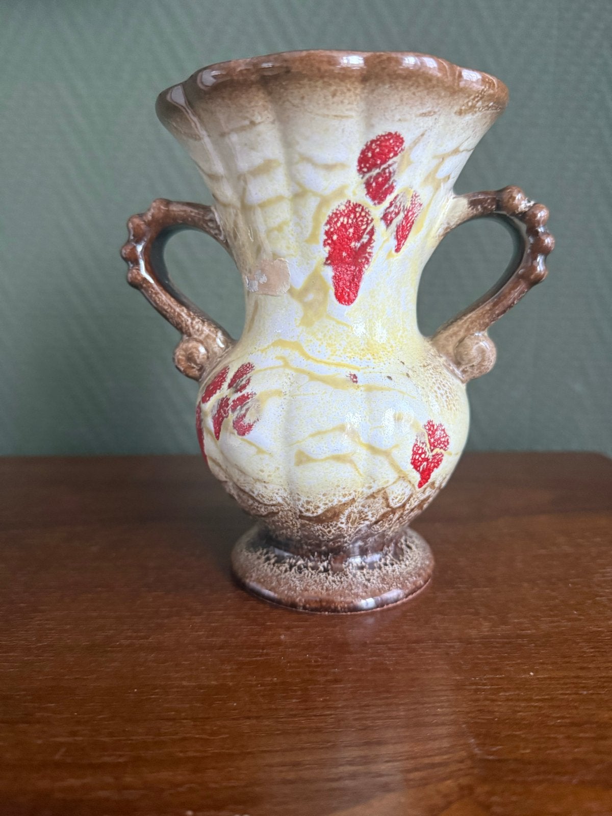 Vintage west germany Vaasje met Handvatten - Rood en Geel, Antiek en Kunst, Ophalen of Verzenden