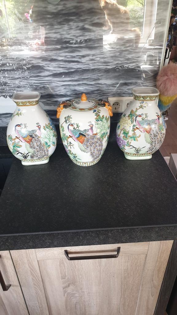 Set van 3 grote Chinese vazen met pauwenmotief gemberpot, Ophalen