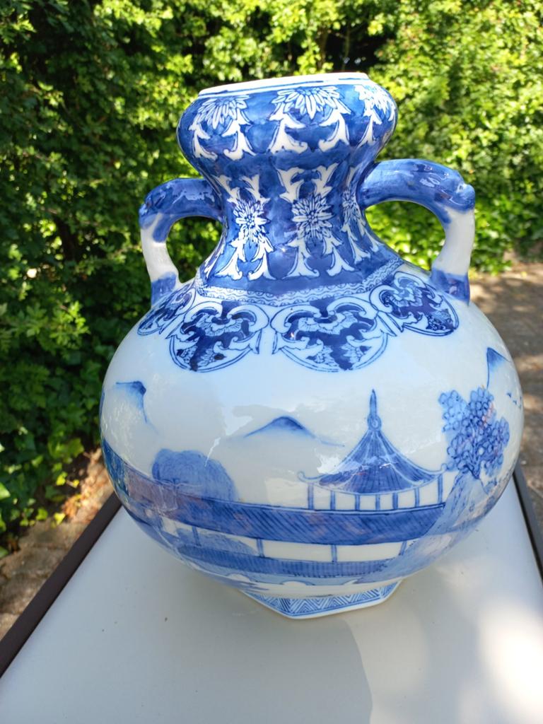Grote Chinese Vaas Blauw-Wit Porselein met Handvatten, Ophalen of Verzenden