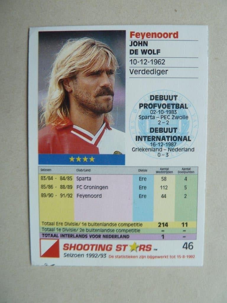 Shooting star 1992/1993  Nr.46. John.de.Wolf  Feyenoord, Ophalen of Verzenden, Zo goed als nieuw, Overige binnenlandse clubs, Poster, Plaatje of Sticker