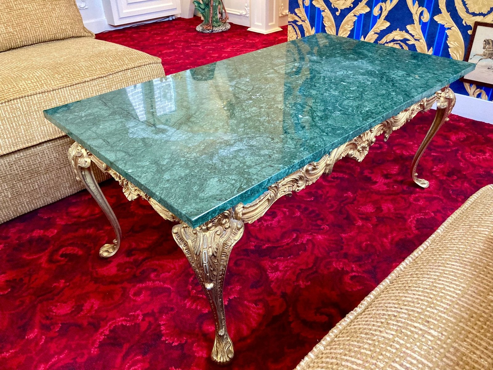 Luxe Salontafel met Groen Marmeren Blad en Gouden Details, Ophalen