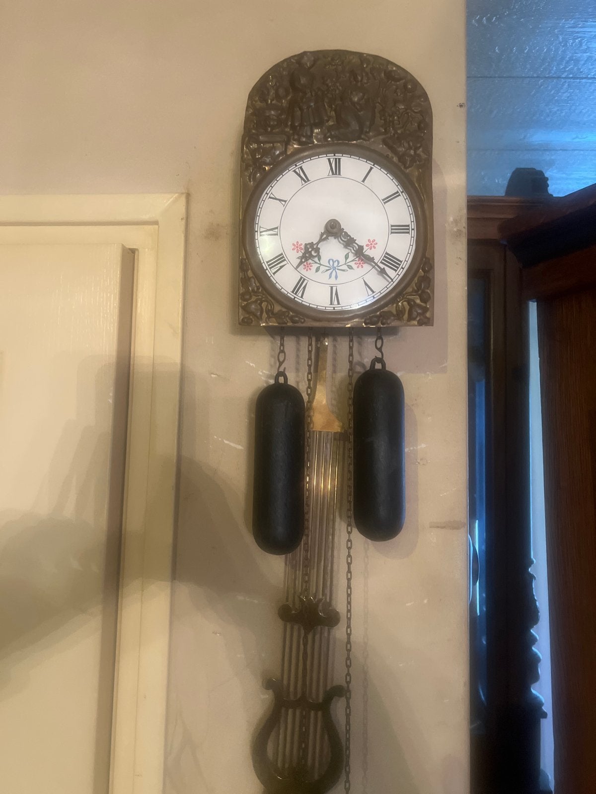 Kleine comtoise. Antieke wandklok met gewichten en slinger, Ophalen of Verzenden