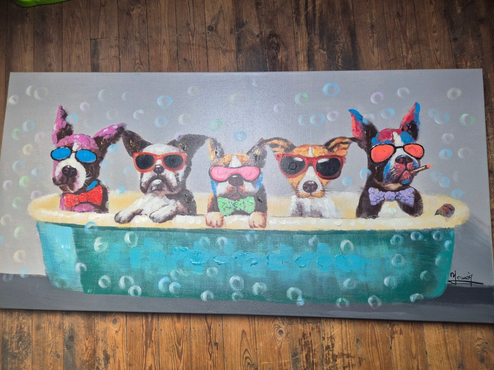 Schilderij 'Puppy Tub' - Honden in bad met zonnebrillen, Ophalen, Dieren, Print, Op houten frame