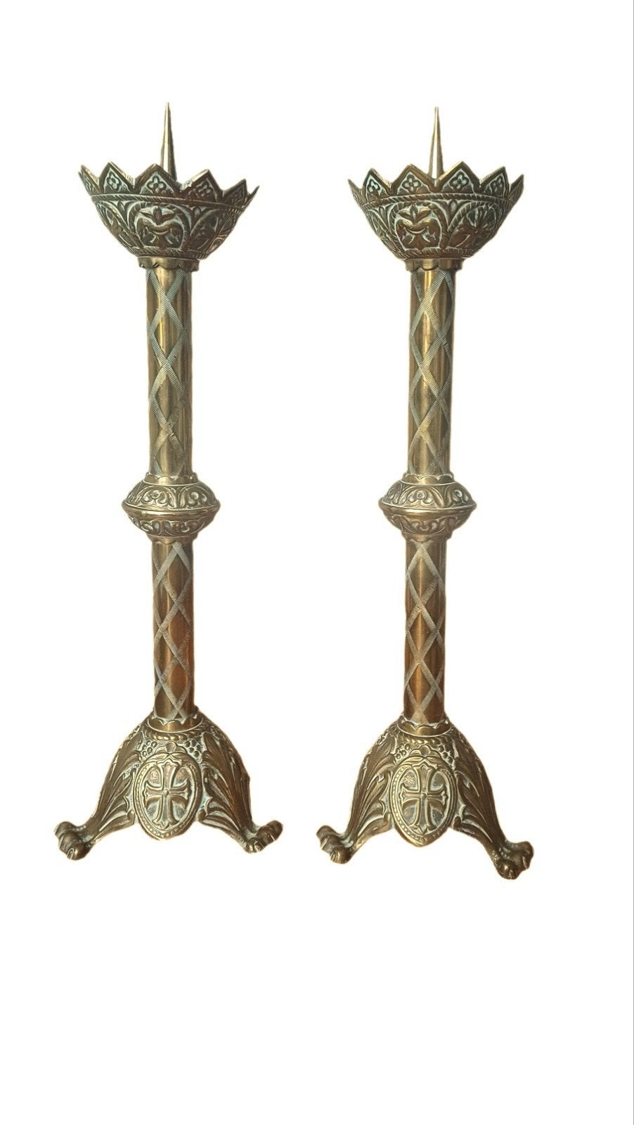 Prachtige Antieke Neogotische Kerkkandelaars, Ophalen of Verzenden, Koper of Brons