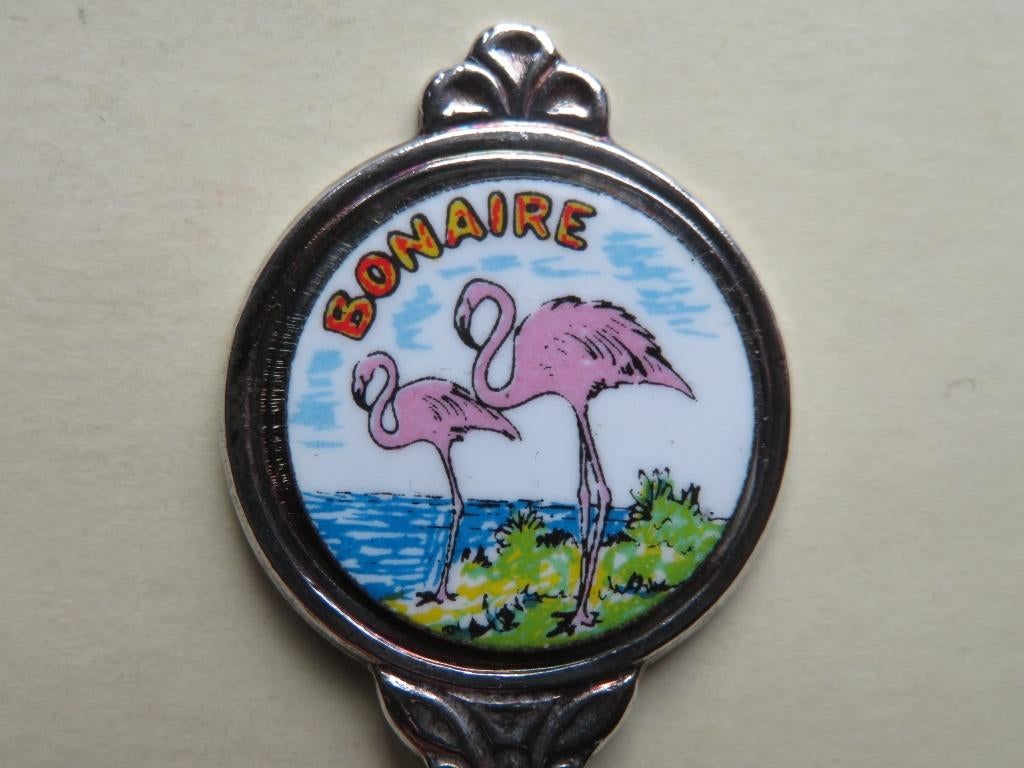 Verzilverd lepeltje Bonaire 2 flamingo's porselein, Verzenden