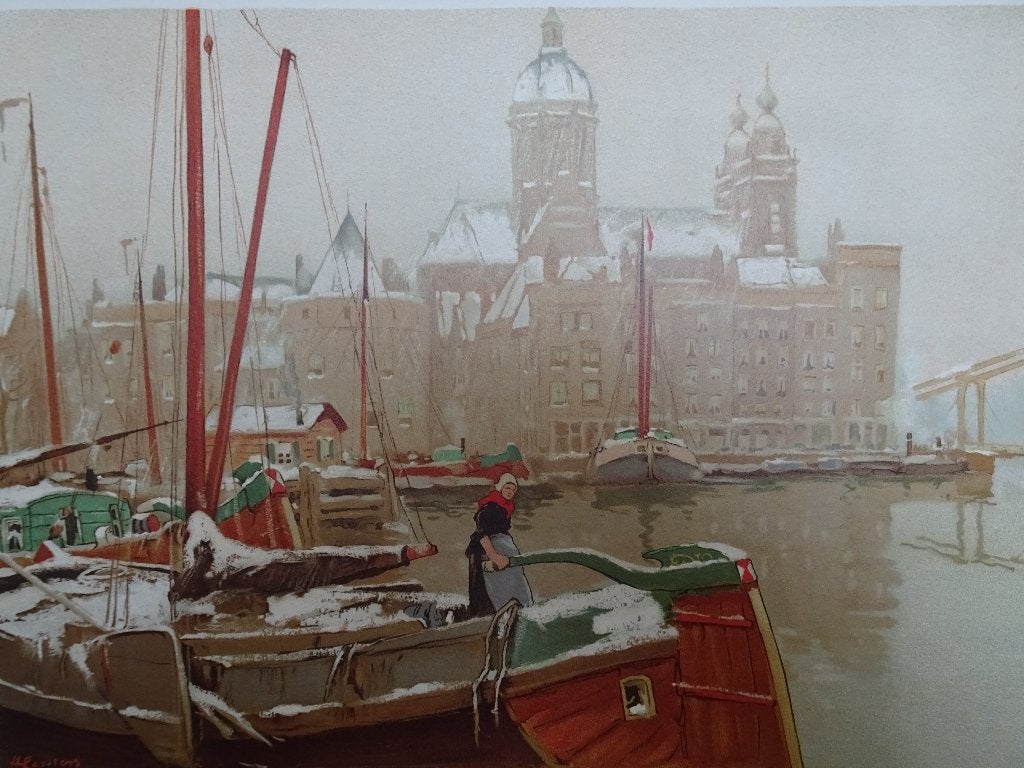Litho zicht op Amsterdamse gracht in sneeuw H. Cassiers 1900, Antiek en Kunst, Kunst | Litho's en Zeefdrukken, Origineel, Verzenden