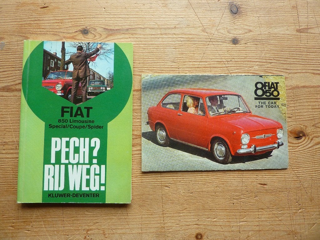 Fiat 850 brochure + Pech? Rij weg!, Ophalen of Verzenden