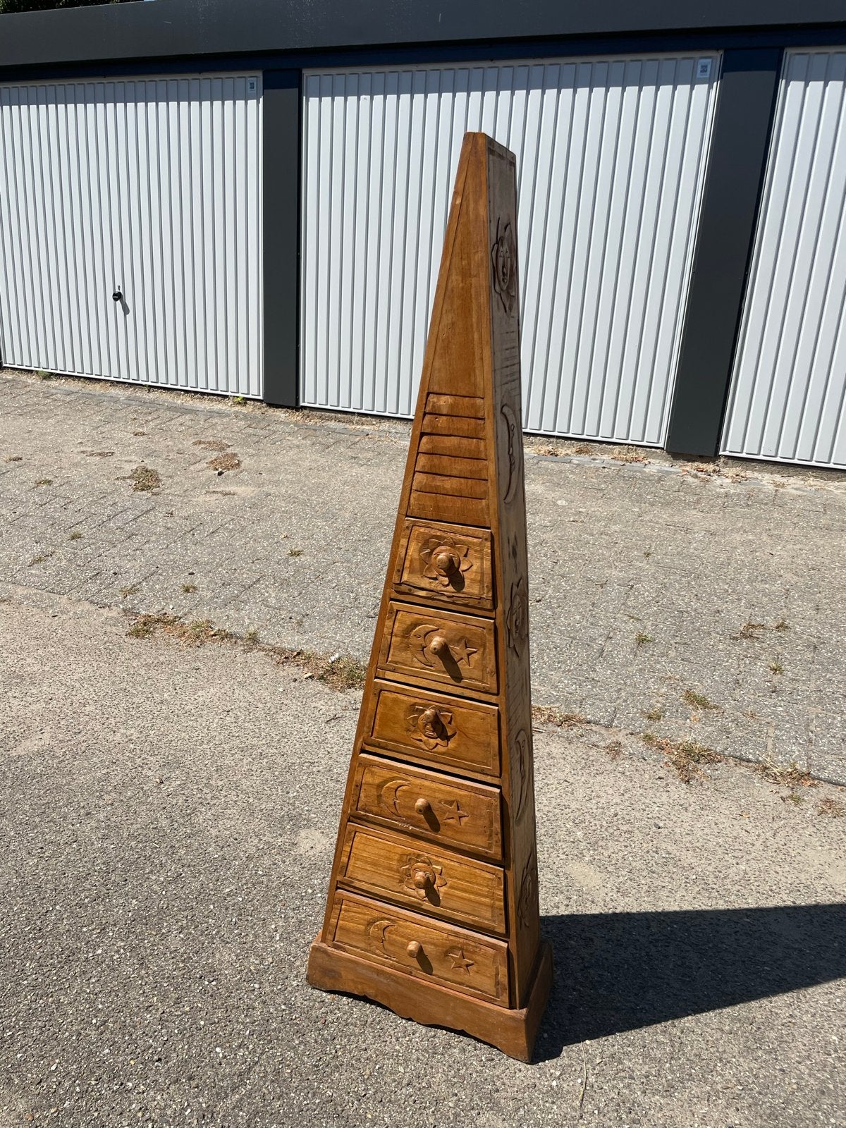 Unieke houten piramide ladekast met 6 laden, Ophalen, Minder dan 50 cm, Gebruikt, 5 laden of meer