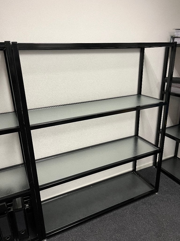 5 zwarte stalen displaystelling met glazen legplanken, Ophalen