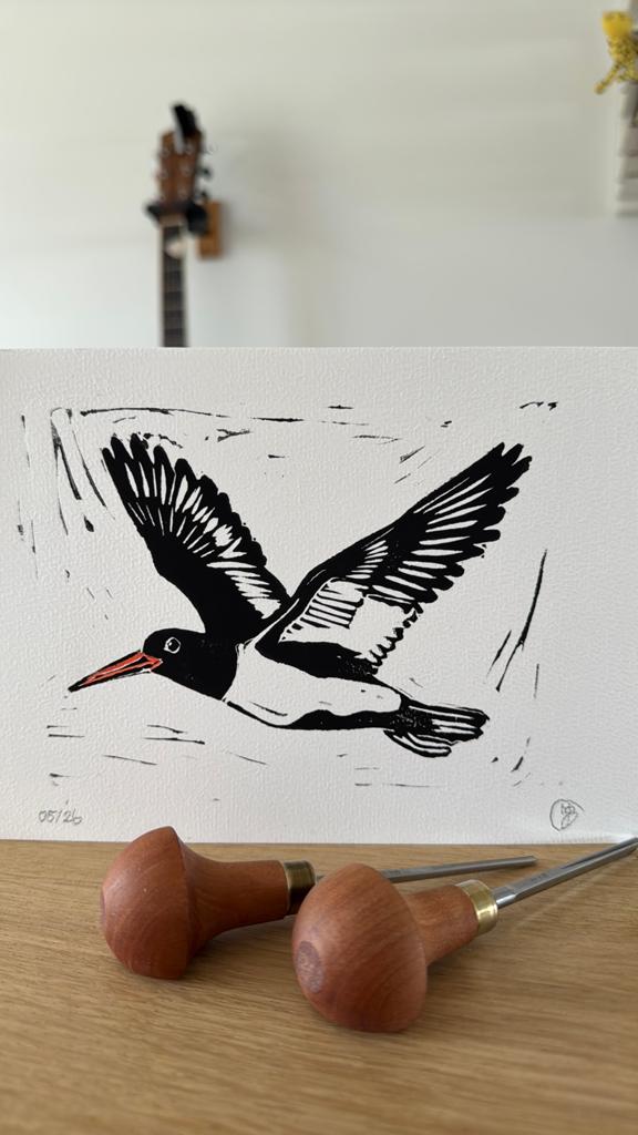 Lino snede afdruk van een scholekster 🖤🧡, Antiek en Kunst, Ophalen of Verzenden