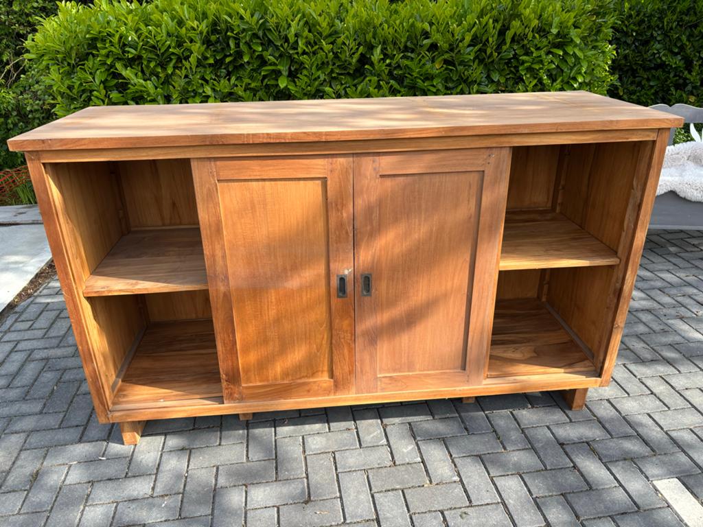Massief teakhouten dressoir met schuifdeuren - Het Kabinet, Ophalen, Gebruikt, 50 tot 75 cm, Teakhout