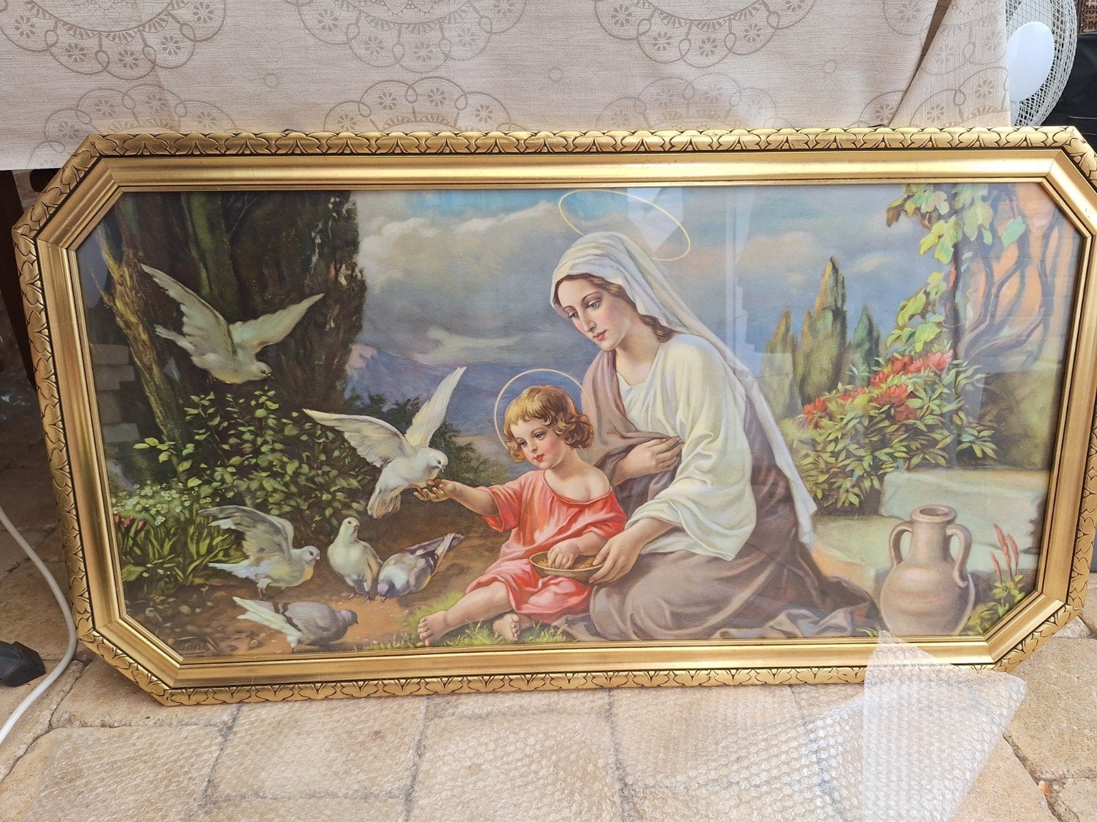 Antieke religieuze prent: Maria en Jezus met duiven, Antiek en Kunst, Kunst | Schilderijen | Klassiek, Ophalen